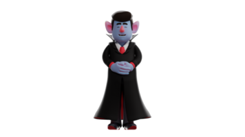 3D Illustration. Authoritative Dracula 3D cartoon character. Dracula stood straight wearing a black robe. Dracula smiled sweetly showing his happy heart. 3D cartoon character png