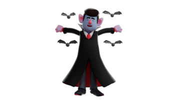 3d Illustration. glücklich Dracula 3d Karikatur Charakter. Dracula stand auf oben während Verbreitung seine Hände. Dracula ist umgeben durch ein Menge von Fledermäuse Das Fliege. 3d Karikatur Charakter png