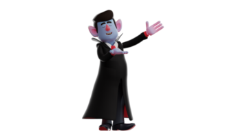 3d ilustração. romântico vampiro 3d desenho animado personagem. vampiro é dançando com alguém. uma bonito vampiro vestindo uma luxuoso manto. vampiro parece bonito. 3d desenho animado personagem png