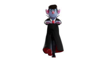 3D Illustration. Vampire 3D cartoon character. Vampires with a pose stepped and stuck out his hands in front. The scary Dracula walked in the dark. 3D cartoon character png