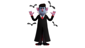 3D Illustration. Scary Dracula 3D cartoon character. Dracula is surrounded by flying bats. Dracula raised his hands to frighten. 3D cartoon character png