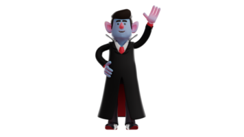 3d ilustração. amigáveis Drácula 3d desenho animado personagem. Drácula acenou dele mão para alguém ele conheceu em a estrada. Drácula é famoso para tendo uma Boa coração e sorridente. 3d desenho animado personagem png