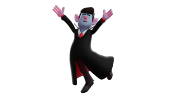 3D illustration. Happy Dracula 3D Cartoon Character. Dracula in a dancing pose. Dracula raised his hands up while twisting his body. Dracula really enjoyed his activities. 3D Cartoon Character png