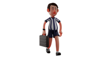 3D illustration. Charming Referee 3D Cartoon Character. Referee will go to the field where he will be on duty. Referee is wearing a black and white shirt and carrying a suitcase. 3D Cartoon Character png