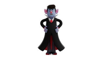 3d illustration. stilig dracula 3d tecknad serie karaktär. dracula stod upp och sätta hans händer på hans midja. förtjusande dracula som visar hans Lycklig uttryck. 3d tecknad serie karaktär png