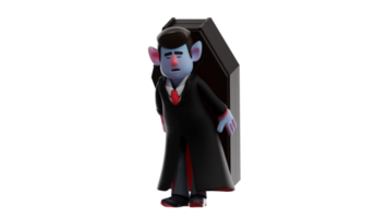 3D Illustration. Tired Dracula 3D cartoon character. Dracula lifted the coffin on his back. Dracula shows the expression of fatigue. Exhausted vampire. 3D cartoon character png