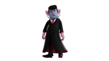 3d illustration. dracula 3d tecknad serie karaktär. dracula vem står och utseende charmig. dracula är bär en lyxig morgonrock. de tyst vampyr utseende runt om. 3d tecknad serie karaktär png