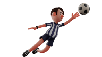 3d illustrazione. grande arbitro 3d cartone animato carattere. il arbitro cerca per bloccare il palla a partire dal andando su di il campo. il calcio arbitro sembra esperto e attraente. 3d cartone animato personaggio png