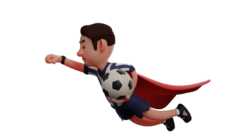3D illustration. Man 3D Cartoon Character. The man plays the role of a referee and holds the ball. The referee flies with red wings while carrying his pride ball. 3D Cartoon Character png