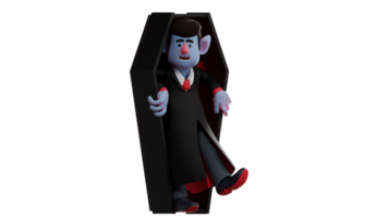 3d illustration. dracula 3d tecknad serie karaktär. dracula kommer steg ut av de Kista. dracula fick syn på de omgivande situation säkerställts den där Nej ett fick syn på Det. dracula log sött. 3d tecknad serie karaktär png