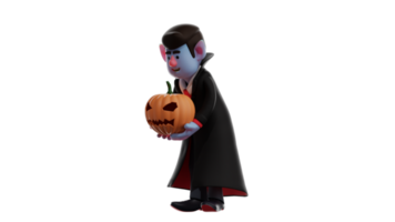 3d illustrazione. obbediente vampiro 3d cartone animato carattere. il vampiro guardato giù mentre trasporto un' Halloween zucca. vampiro saluto qualcuno lui incontrato. 3d cartone animato personaggio png