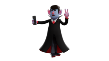 3d ilustração. alegre homem 3d desenho animado personagem. homens vestem Drácula figurinos. bonito homem sorriu de levando uma selfie usando dele celular. Drácula com Paz pose. 3d desenho animado personagem png