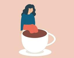 Sad woman looks tired and suffers from a caffeine addiction. Stressed girl sits on the edge of a coffee cup. depressed female inside a mug needs to drink cafe. coffee addiction vector