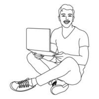 cartoon image of a man sitting on the floor use computer, work, smile vector