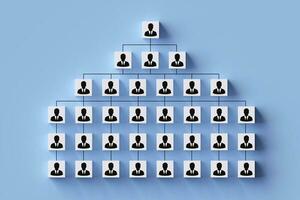 Human icon on square cube with line connecting position diagram. Concept of organizational structure, position chart, organizational management and human resource management. photo