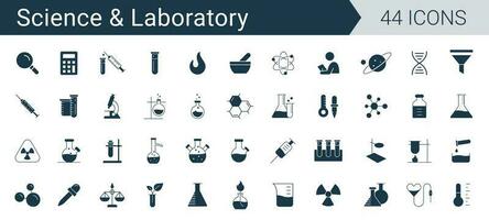 Ciencias y laboratorio icono colocar. química y microbiología laboratorio investigación, cristalería, vasos de precipitados, prueba tubo, íconos vector