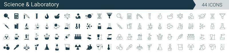 Science and Laboratory Icon Set. Chemistry and microbiology lab research, glassware, beakers, test tube, outline and solid style vector