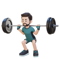 3d Sportler Charakter Gebäude niedriger Körper Stärke mit Hantel Hocken trainieren png