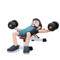 3d sportif personnage sculpture musclé poitrine avec haltère banc poitrine mouche png