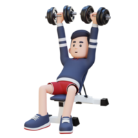 3d desportista personagem construção superior corpo força com inclinar Banco haltere peito pressione png