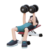 3d deportista personaje esculpir muscular cofre con pesa banco cofre mosca png