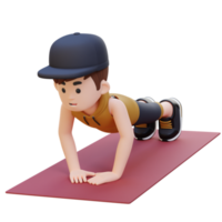 3d deportivo masculino personaje ejecutando cerca apretón empujar arriba ejercicio a hogar gimnasio png