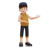 3d sportif personnage embrassement confiance avec une dynamique main présentation pose png