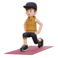 3d deportivo masculino personaje ejecutando dinámica estocadas a el gimnasio png