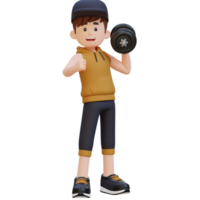 3D Sportsman Character Giving a Thumbs Up While Holding Dumbbell png