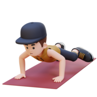 3d deportivo masculino personaje ejecutando hombre araña empujar arriba ejercicio a hogar gimnasio png