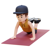 3D Sporty Male Character Mastering Knee Push Up Exercise at Home Gym png