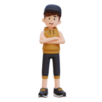 3d sportif personnage exsudant confiance avec bras franchi pose dans une dynamique réglage png