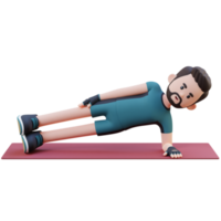 3d deportivo masculino personaje magnífico el lado tablón ejercicio a hogar gimnasio png