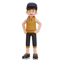 3d sportivo personaggio in mostra un' salutare stile di vita con mano su anca posa png