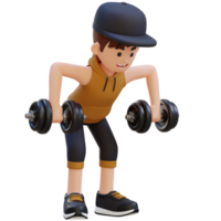 3D Sportsman Character performing Rear Delt Rows with Dumbbells png