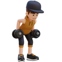 3d desportista personagem realizando dobrado sobre linha dinâmico exercite-se com haltere png