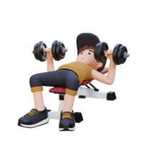 3d sportif personnage sculpture musclé physique avec haltère banc presse png