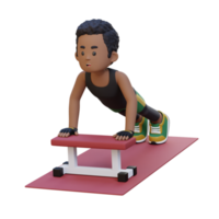 3d deportivo masculino personaje ejecutando en línea empujar arriba ejercicio a el gimnasio png