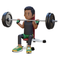 3d desportista personagem construção superior corpo força com a sobrecarga Banco pressione exercite-se png