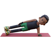 3d deportivo masculino personaje magnífico el lado tablón ejercicio a hogar gimnasio png