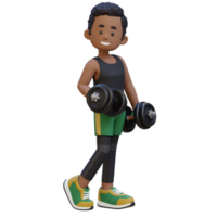 3D Sporty Male Character Showcasing Cool Standing Pose and Holding Dumbbell with Confidence png