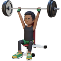 3d desportista personagem construção superior corpo força com a sobrecarga Banco pressione exercite-se png