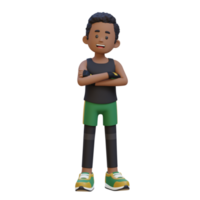 3d sportif personnage exsudant confiance avec bras franchi pose dans une dynamique réglage png