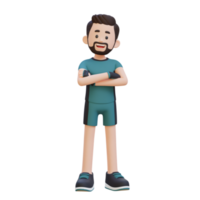 3d desportista personagem exalando confiança com braços cruzado pose dentro uma dinâmico configuração png