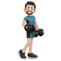 3D Sporty Male Character Showcasing Cool Standing Pose and Holding Dumbbell with Confidence png