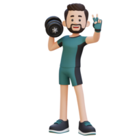 3D Sportsman Character Giving a Peace Sign While Holding Dumbbell png