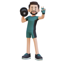 3d sportif personnage donnant une paix signe tandis que en portant haltère png