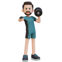 3D Screaming Sportsman Character Engaging Viewers While Holding Dumbbell png