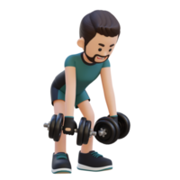 3d deportista personaje ejecutando pesa doblado terminado marcha atrás mosca png