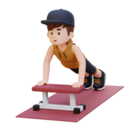 3d deportivo masculino personaje ejecutando en línea empujar arriba ejercicio a el gimnasio png